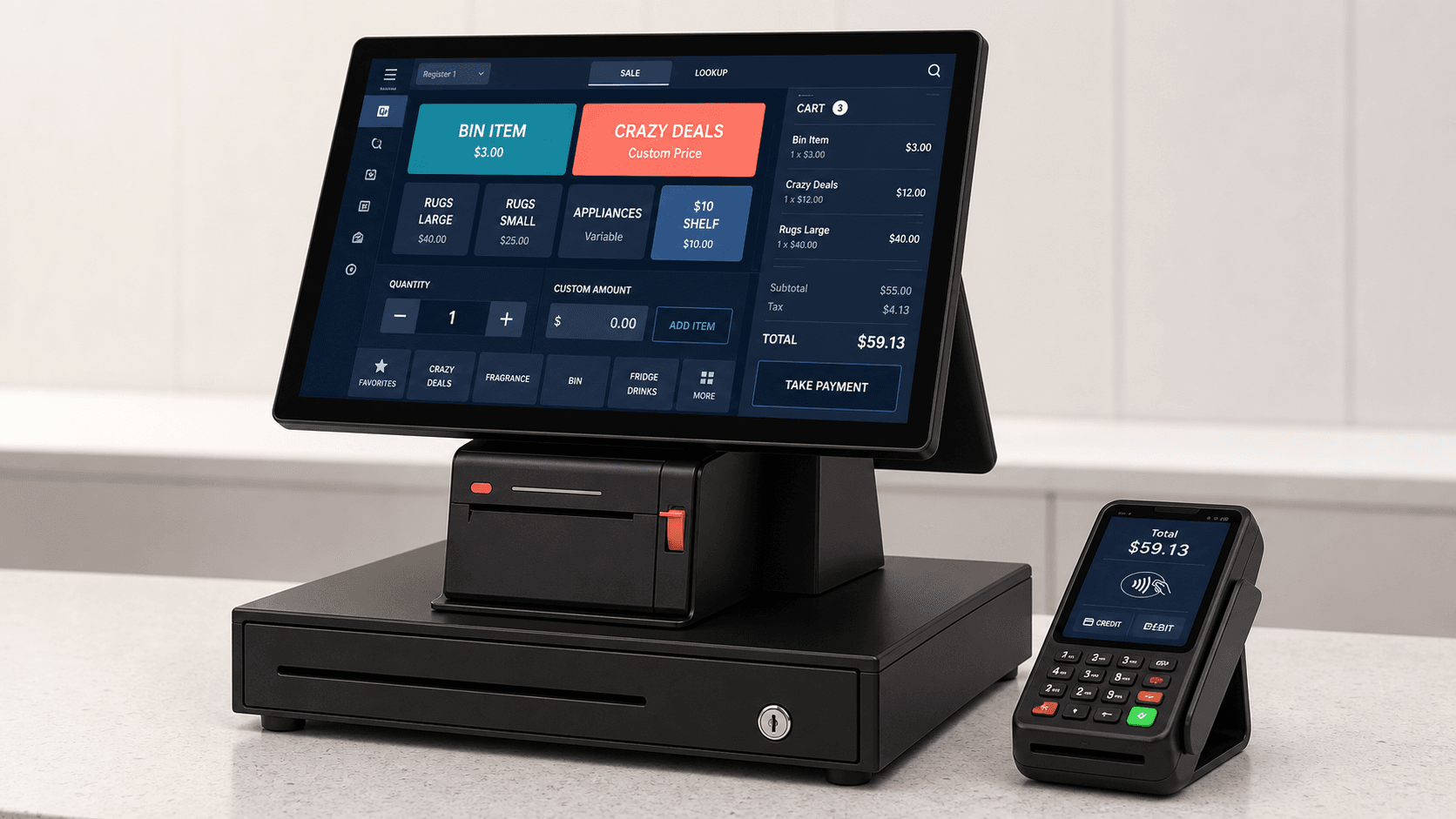 YaffaPOS register lane with checkout screen and card terminal